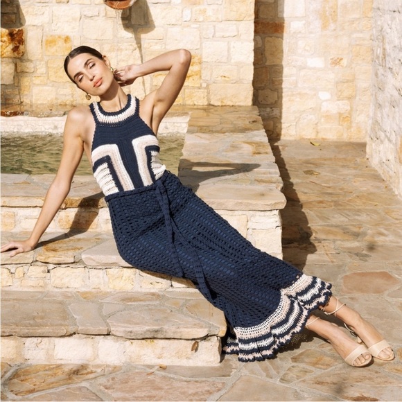Cleobella Dresses & Skirts - Cleobella small Navy and Cream Crochet Midi Dress ruffle hem